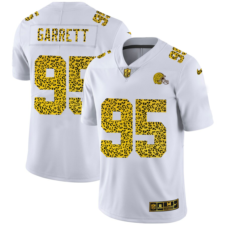 Cheap Custom Cleveland Browns 95 Myles Garrett Men Nike Flocked Leopard Print Vapor Limited NFL Jersey White